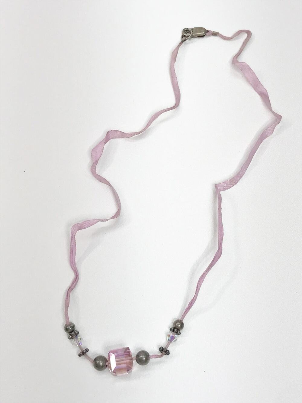 Vintage Sterling Silver 925 Pink Silk Ribbon Cube Crystal Beaded Dainty Necklace